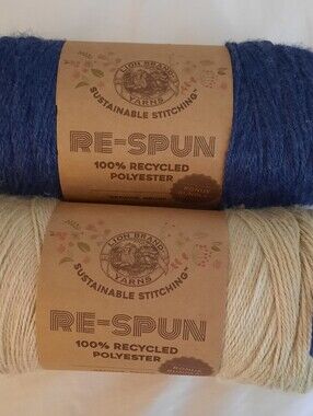 De-Stashing Lion Brand RE-SPUN - 2 Large Skeins - Navy Blue and Natural